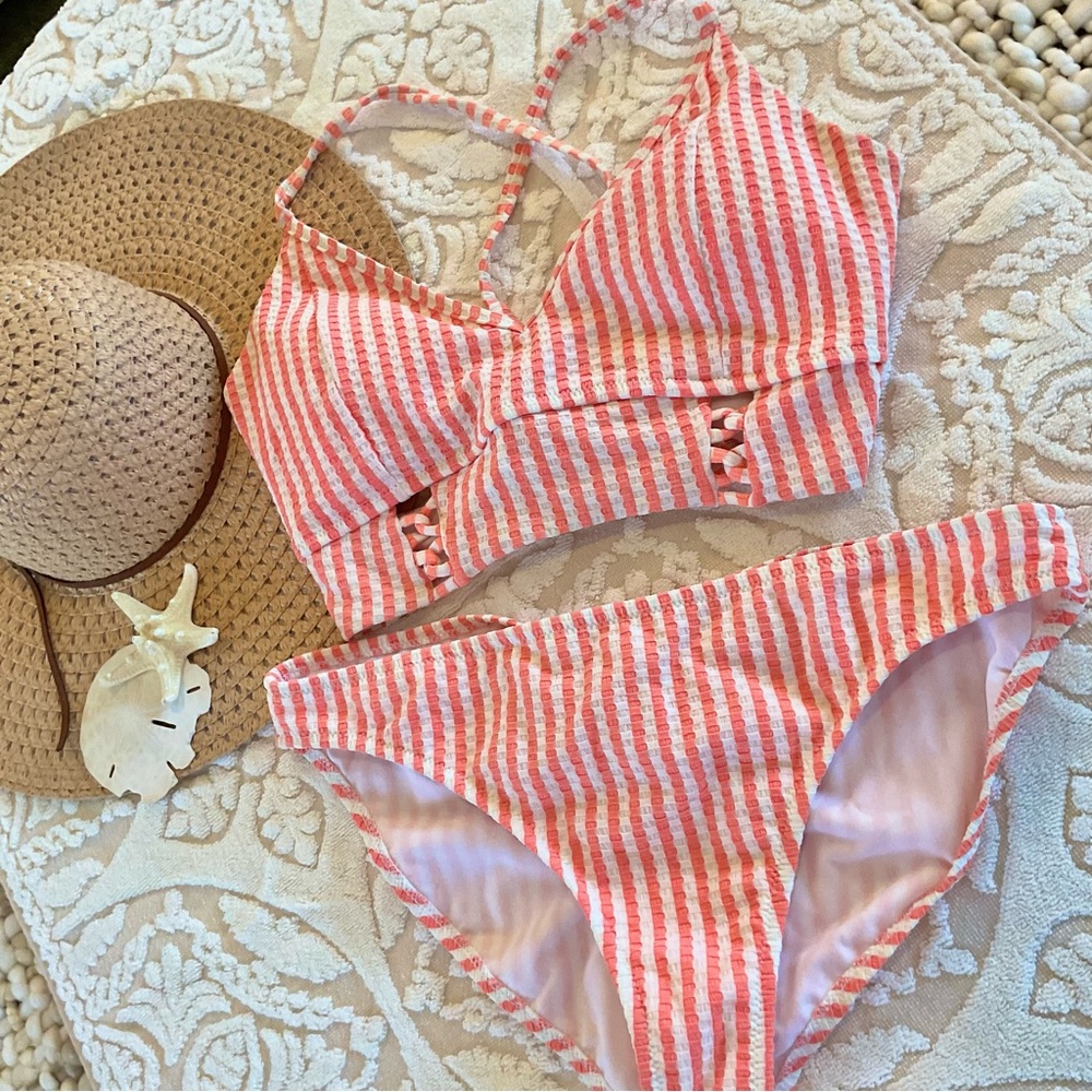 Jessica Simpson Bikini Set Orange/White Size L, EUC - Picture 3 of 6
